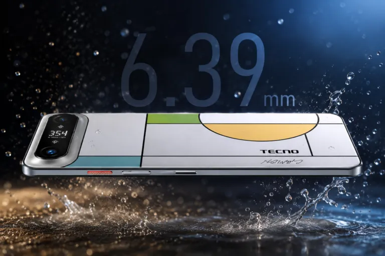 Desain ultra tipis smartphone Tecno Camon 50 Slim yang menampilkan modul kamera belakang dengan lampu indikator mini LED canggih.