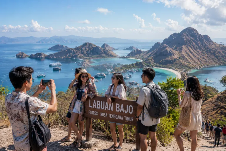 Wisatawan muda menikmati pemandangan bukit dan laut di Labuan Bajo Nusa Tenggara Timur yang masuk dalam daftar diskon tarif transportasi 2026.