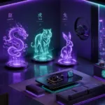 Ilustrasi modern ramalan shio dan astrologi Tionghoa dalam bentuk digital hologram untuk membaca keberuntungan hidup.