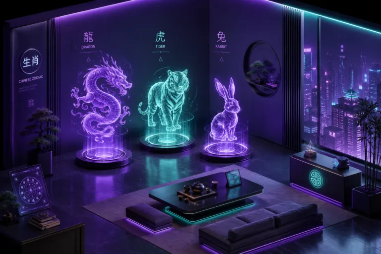 Ilustrasi modern ramalan shio dan astrologi Tionghoa dalam bentuk digital hologram untuk membaca keberuntungan hidup.