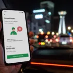 Pengguna menekan tombol batalkan pesanan GoCar di aplikasi Gojek dalam mobil.