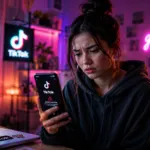 Seorang kreator konten muda sedang memeriksa notifikasi pembatasan usia di aplikasi TikTok lewat smartphone miliknya.
