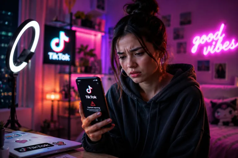 Seorang kreator konten muda sedang memeriksa notifikasi pembatasan usia di aplikasi TikTok lewat smartphone miliknya.