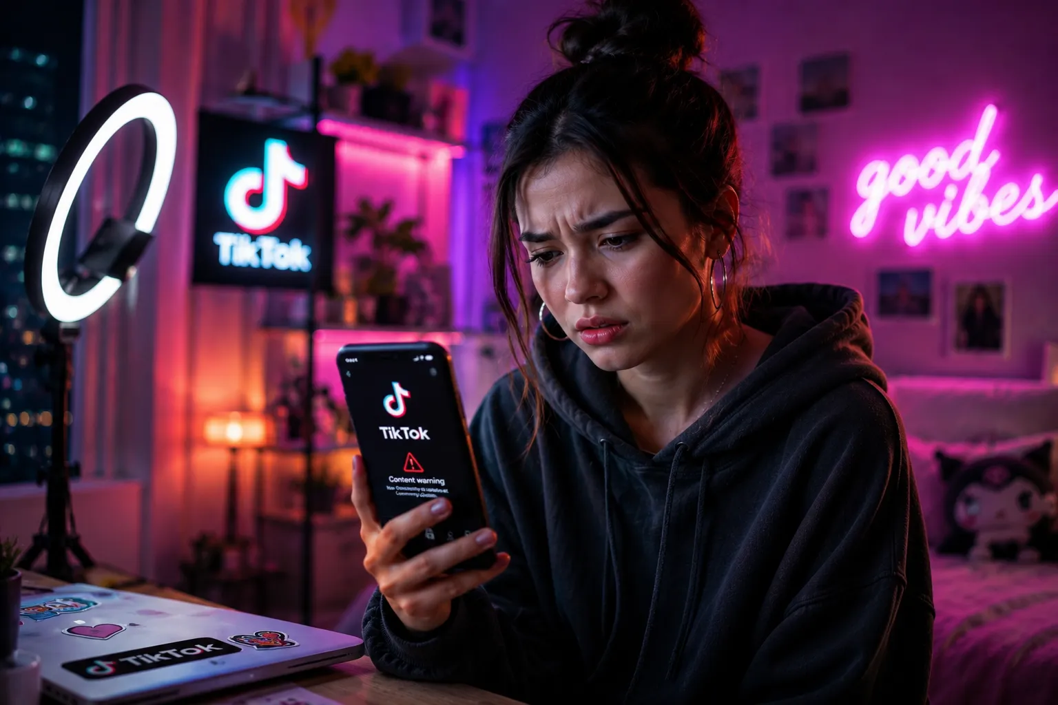 Seorang kreator konten muda sedang memeriksa notifikasi pembatasan usia di aplikasi TikTok lewat smartphone miliknya.