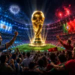 Pemandangan suasana stadion final Piala Dunia 2026 yang megah dengan suporter Argentina dan Portugal mengelilingi trofi emas di tengah lapangan.