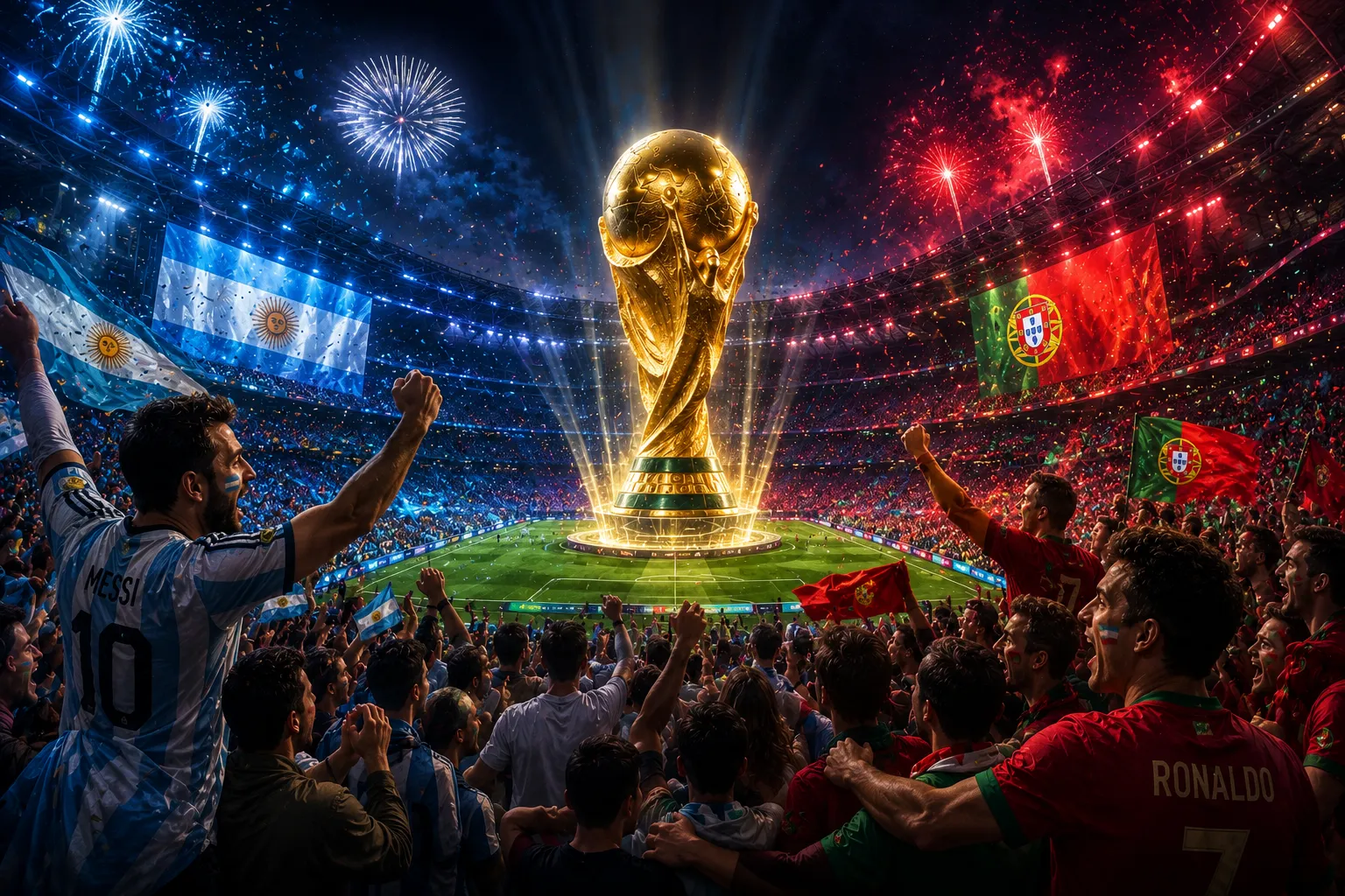 Pemandangan suasana stadion final Piala Dunia 2026 yang megah dengan suporter Argentina dan Portugal mengelilingi trofi emas di tengah lapangan.