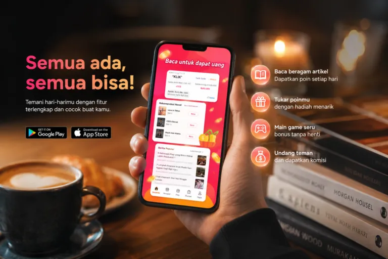 Infografis aplikasi Cashzine menampilkan antarmuka smartphone dengan slogan Baca untuk dapat uang di samping cangkir kopi dan tumpukan buku.