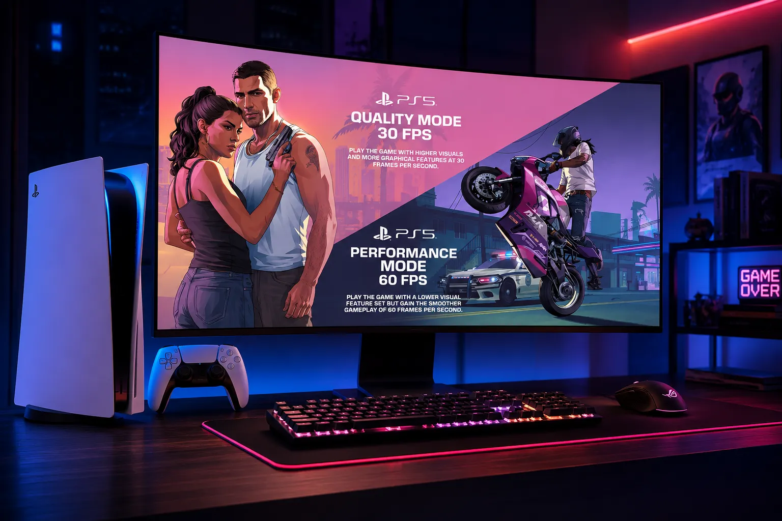 Visualisasi fitur grafis GTA 6 PS5 dengan kualitas visual memukau di layar monitor gaming modern.