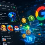 Ilustrasi perubahan sistem pembayaran Google Play Store terbaru di smartphone dengan latar belakang logo teknologi digital.