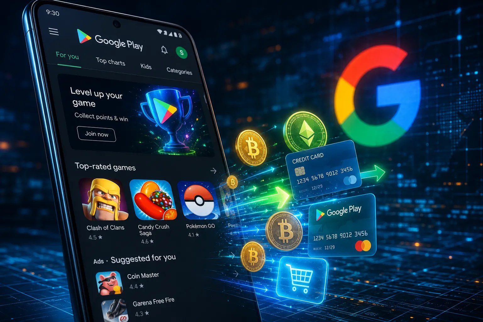 Ilustrasi perubahan sistem pembayaran Google Play Store terbaru di smartphone dengan latar belakang logo teknologi digital.