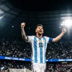 Selebrasi Lionel Messi setelah mencetak gol tendangan bebas untuk Timnas Argentina melawan Yordania di Piala Dunia 2026.