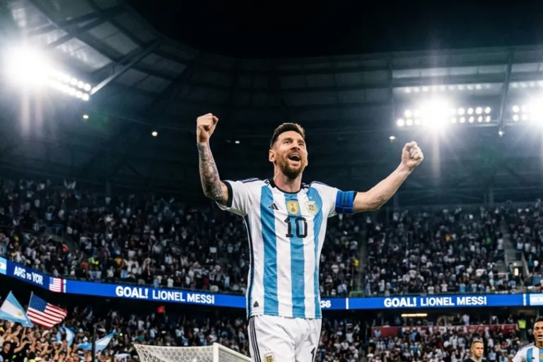 Selebrasi Lionel Messi setelah mencetak gol tendangan bebas untuk Timnas Argentina melawan Yordania di Piala Dunia 2026.