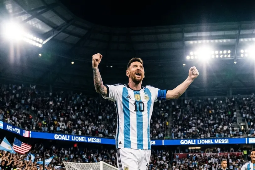 Selebrasi Lionel Messi setelah mencetak gol tendangan bebas untuk Timnas Argentina melawan Yordania di Piala Dunia 2026.