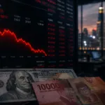 Grafik penurunan nilai tukar rupiah terhadap dolar AS di layar bursa efek digital.
