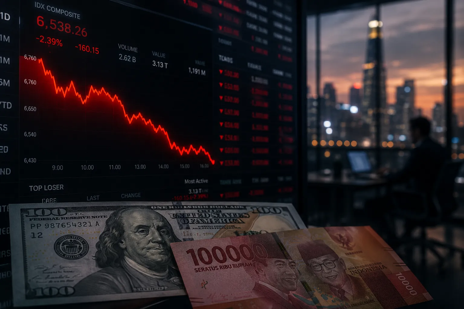 Grafik penurunan nilai tukar rupiah terhadap dolar AS di layar bursa efek digital.