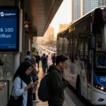 Bus Transjakarta berhenti di halte dengan pengumuman penutupan rute 1N dan 10D untuk menginformasikan pelanggan.