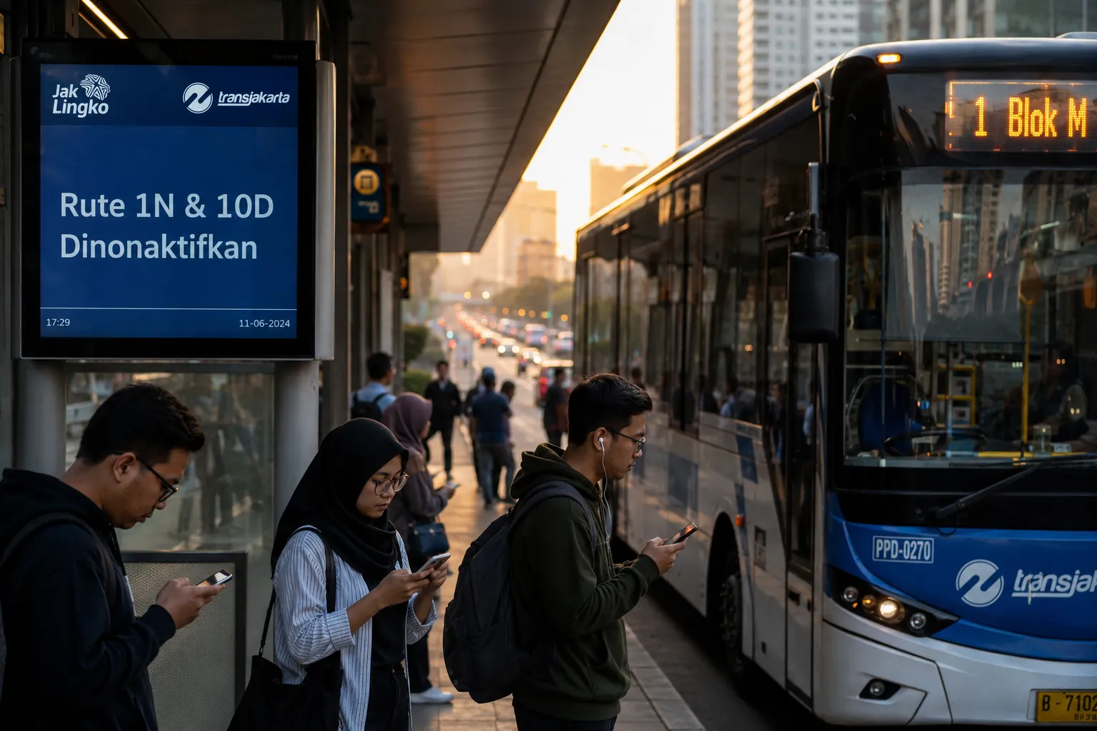Bus Transjakarta berhenti di halte dengan pengumuman penutupan rute 1N dan 10D untuk menginformasikan pelanggan.