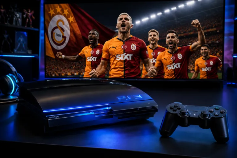 Stik dan konsol game PS3 dengan latar belakang layar monitor menampilkan pertandingan sepak bola PES.