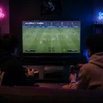 Konsol PlayStation 3 dan kontroler di atas meja gaming dengan latar belakang layar taktik formasi sepak bola.