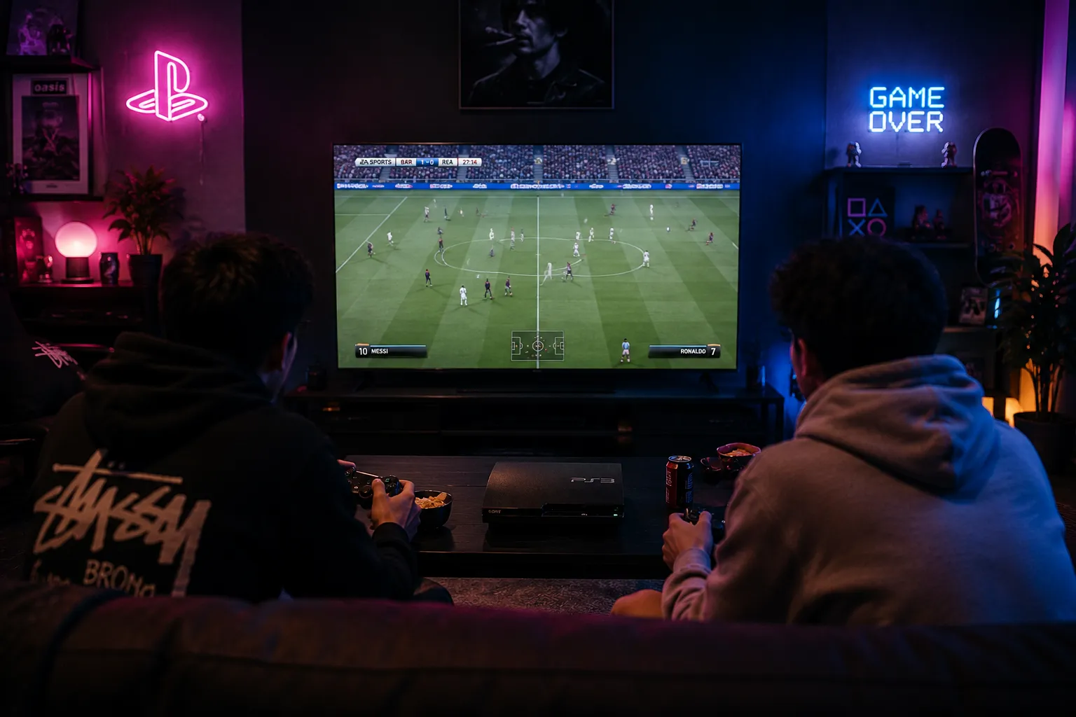 Konsol PlayStation 3 dan kontroler di atas meja gaming dengan latar belakang layar taktik formasi sepak bola.