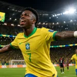Selebrasi Vinicius Junior saat membawa Timnas Brasil memuncaki klasemen Piala Dunia 2026 setelah mengalahkan Skotlandia.