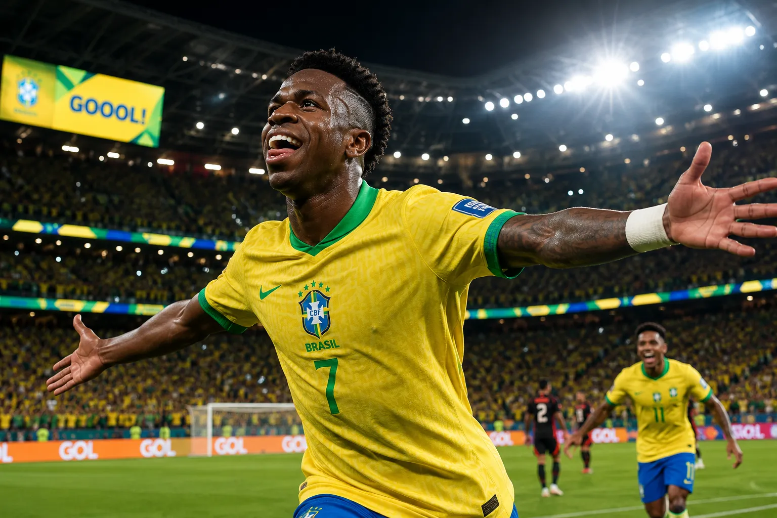 Selebrasi Vinicius Junior saat membawa Timnas Brasil memuncaki klasemen Piala Dunia 2026 setelah mengalahkan Skotlandia.