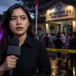 pelecehan 12 murid SD oleh guru pembina pramuka dengan latar belakang sekolah yang dijaga polisi saat senja.