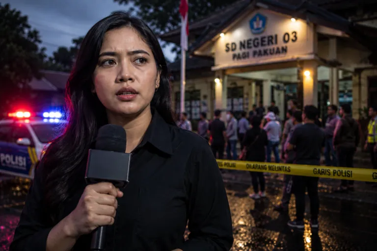 pelecehan 12 murid SD oleh guru pembina pramuka dengan latar belakang sekolah yang dijaga polisi saat senja.
