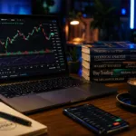 Tumpukan buku referensi belajar saham di sebelah laptop yang menampilkan grafik trading untuk pemula.