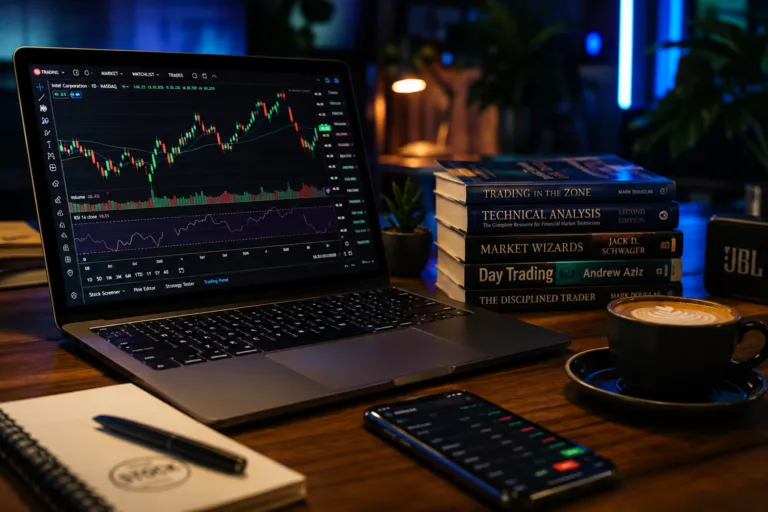 Tumpukan buku referensi belajar saham di sebelah laptop yang menampilkan grafik trading untuk pemula.