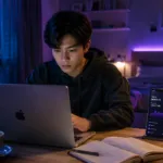 Pekerja muda Gen Z sedang mengelola beberapa proyek side job menggunakan laptop di kamar.