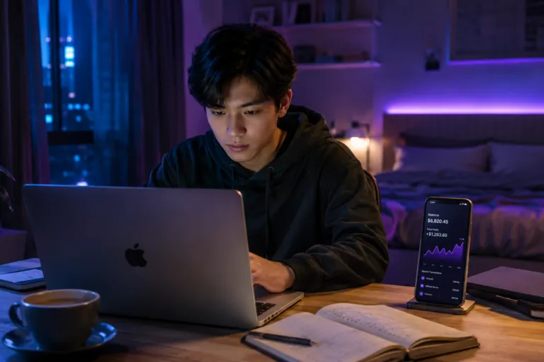 Pekerja muda Gen Z sedang mengelola beberapa proyek side job menggunakan laptop di kamar.