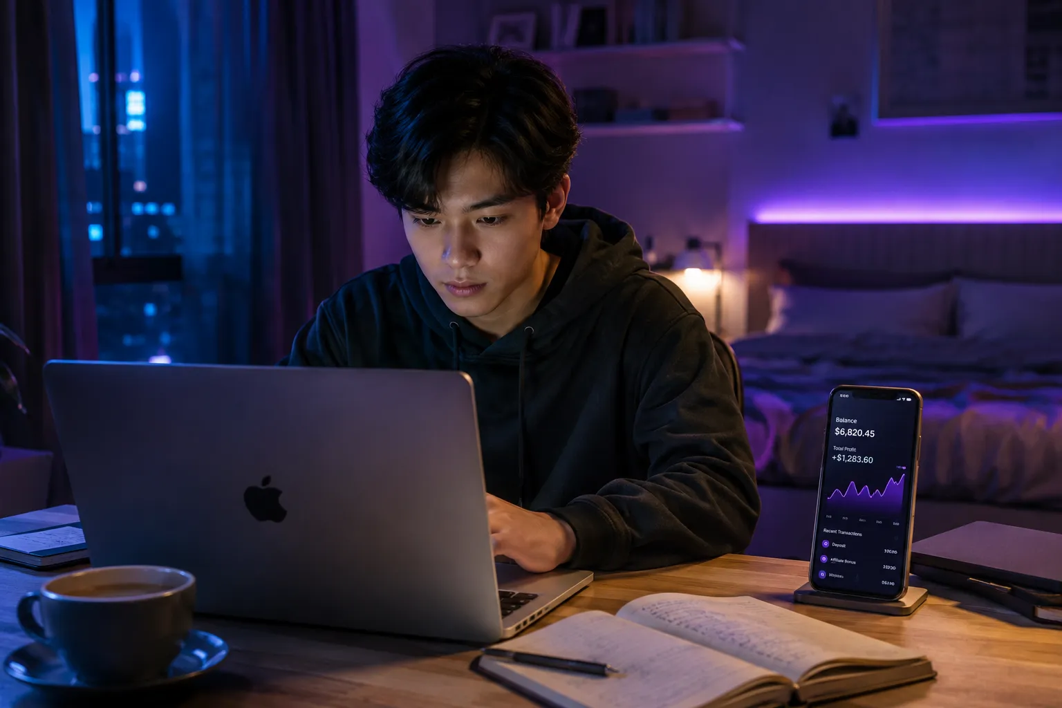 Pekerja muda Gen Z sedang mengelola beberapa proyek side job menggunakan laptop di kamar.