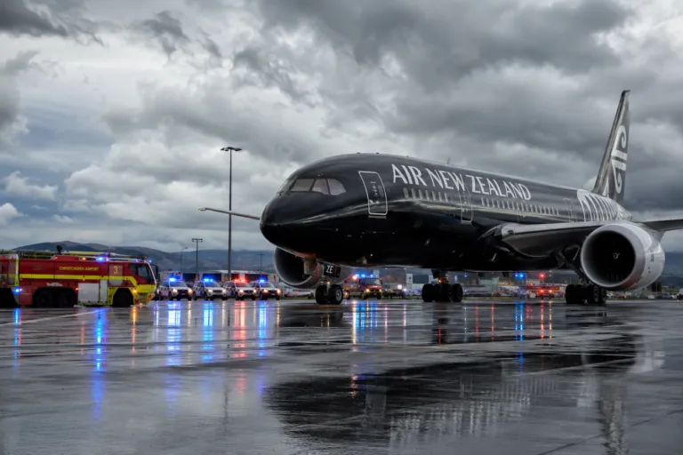 Pesawat Air New Zealand yang mendarat darurat di Bandara Christchurch dikelilingi oleh mobil pemadam kebakaran.