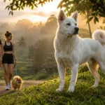Sepasang anjing ras Kintamani Bali berdiri gagah di kawasan alam terbuka Bali.