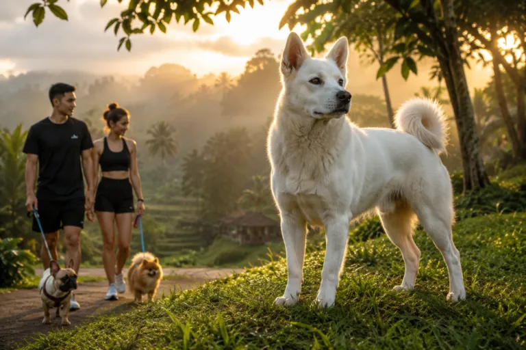 Sepasang anjing ras Kintamani Bali berdiri gagah di kawasan alam terbuka Bali.