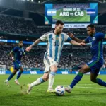 Lionel Messi mendribel bola melewati pemain Cabo Verde dalam pertandingan babak 32 besar Piala Dunia 2026