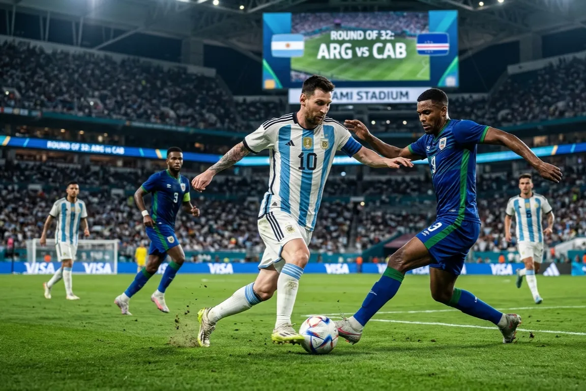Lionel Messi mendribel bola melewati pemain Cabo Verde dalam pertandingan babak 32 besar Piala Dunia 2026