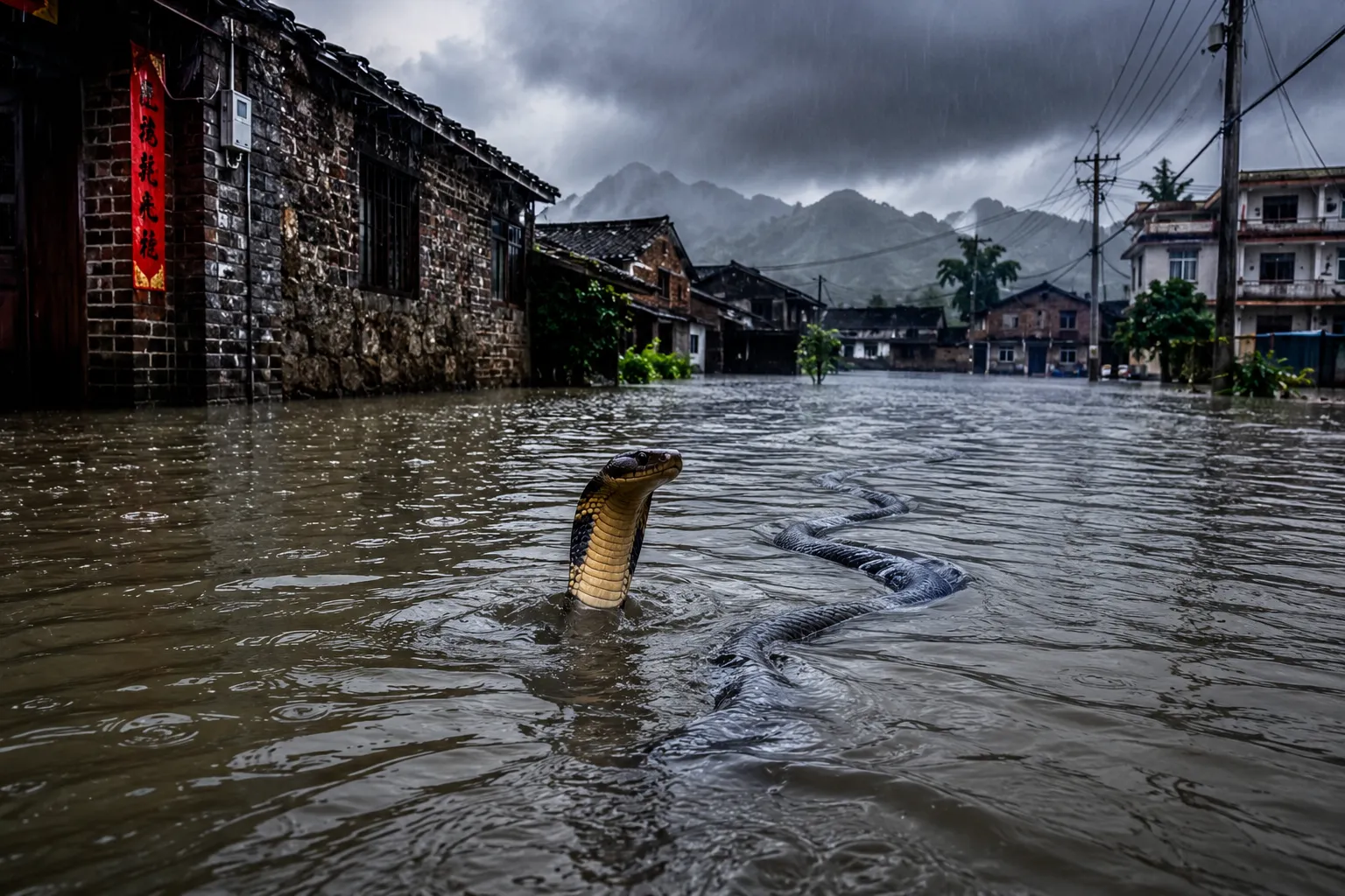 Ratusan ular kobra dan spesies ular lainnya kabur dari peternakan yang hanyut akibat banjir besar di Guangxi China.