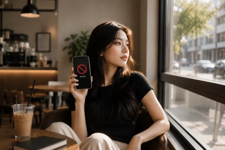 Seseorang bersikap tenang dan menerapkan prinsip bodo amat saat memegang smartphone.
