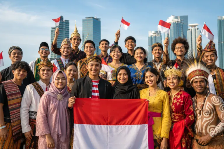 Ilustrasi keragaman organisasi kemasyarakatan di Indonesia dari Sumatra hingga Papua.