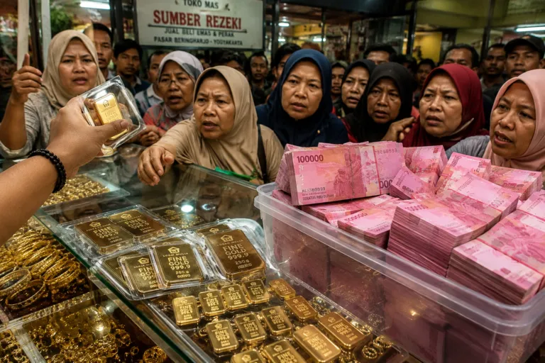 Tumpukan uang kertas rupiah dalam wadah plastik di tengah fenomena maraknya warga jual emas karena himpitan ekonomi.