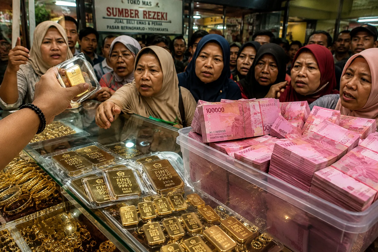 Tumpukan uang kertas rupiah dalam wadah plastik di tengah fenomena maraknya warga jual emas karena himpitan ekonomi.