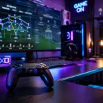 Ilustrasi formasi PES PS3 terbaik dengan visual taktik sepak bola dan kontroler game modern.