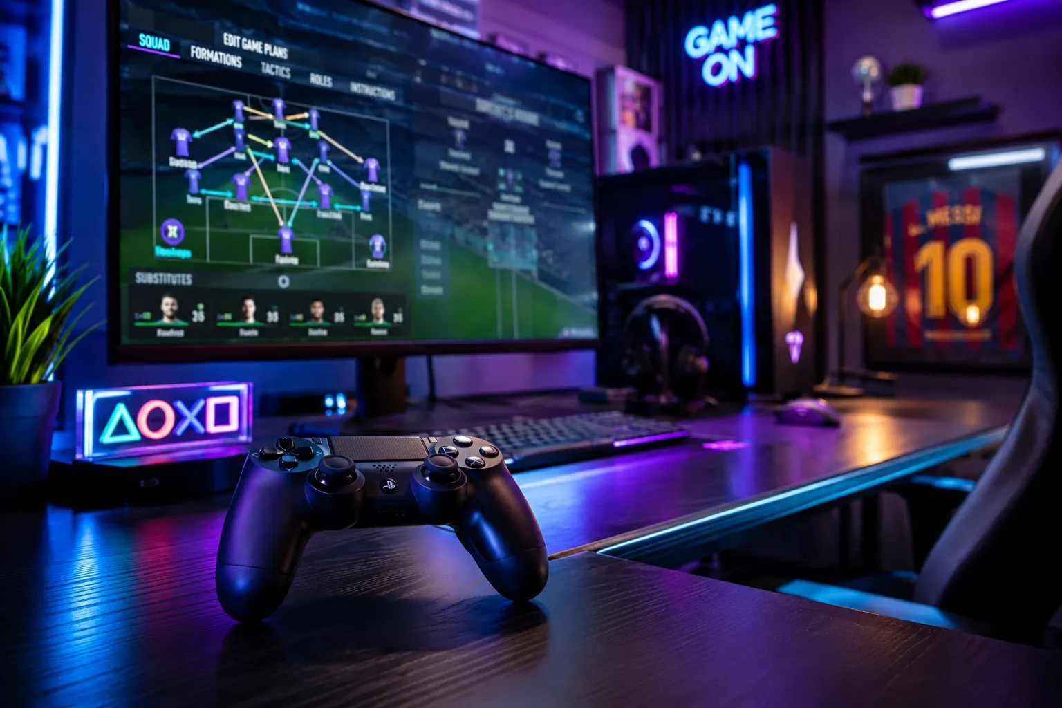 Ilustrasi formasi PES PS3 terbaik dengan visual taktik sepak bola dan kontroler game modern.