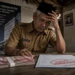 Ilustrasi dokumen Kopdes Merah Putih dan tumpukan uang Rupiah di atas meja kantor kepala desa terkait isu pemotongan Dana Desa.