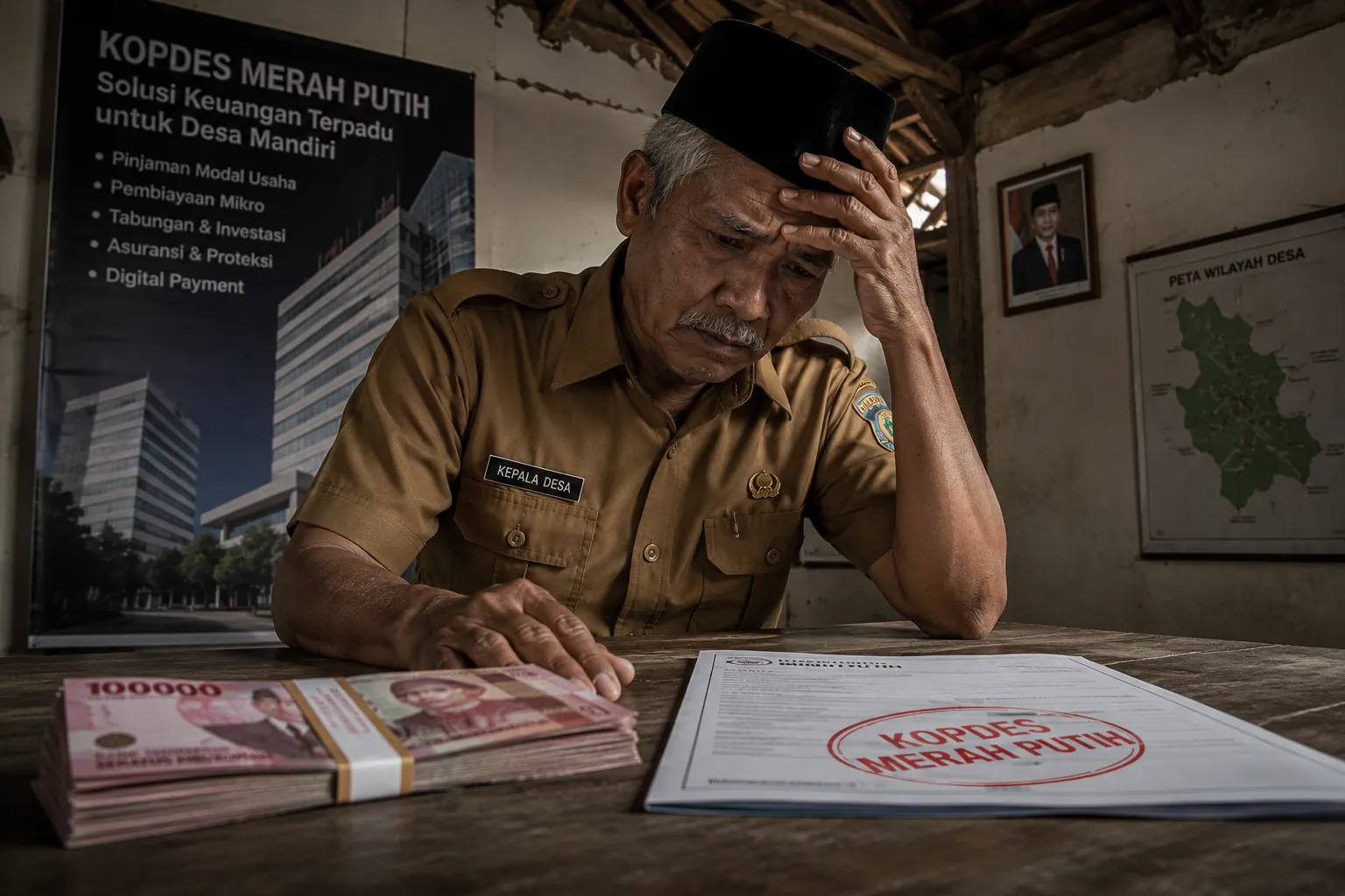 Ilustrasi dokumen Kopdes Merah Putih dan tumpukan uang Rupiah di atas meja kantor kepala desa terkait isu pemotongan Dana Desa.