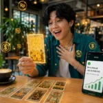 bergaya Gen Z terkejut bahagia melihat kartu tarot keberuntungan di kafe modern, melambangkan rezeki nomplok.