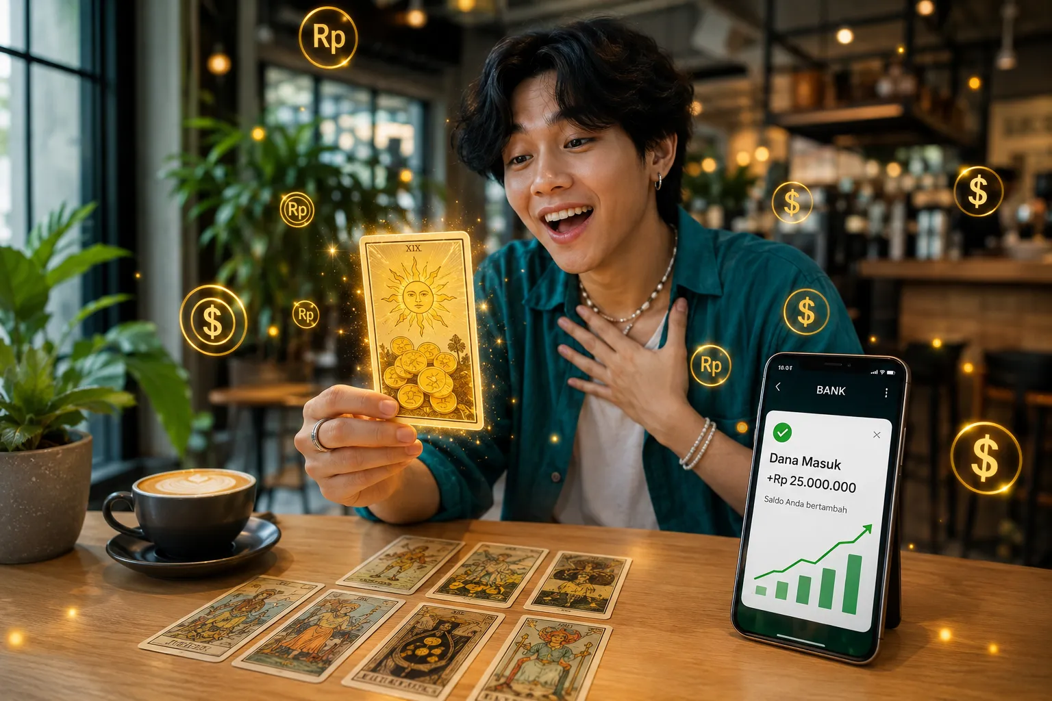 bergaya Gen Z terkejut bahagia melihat kartu tarot keberuntungan di kafe modern, melambangkan rezeki nomplok.
