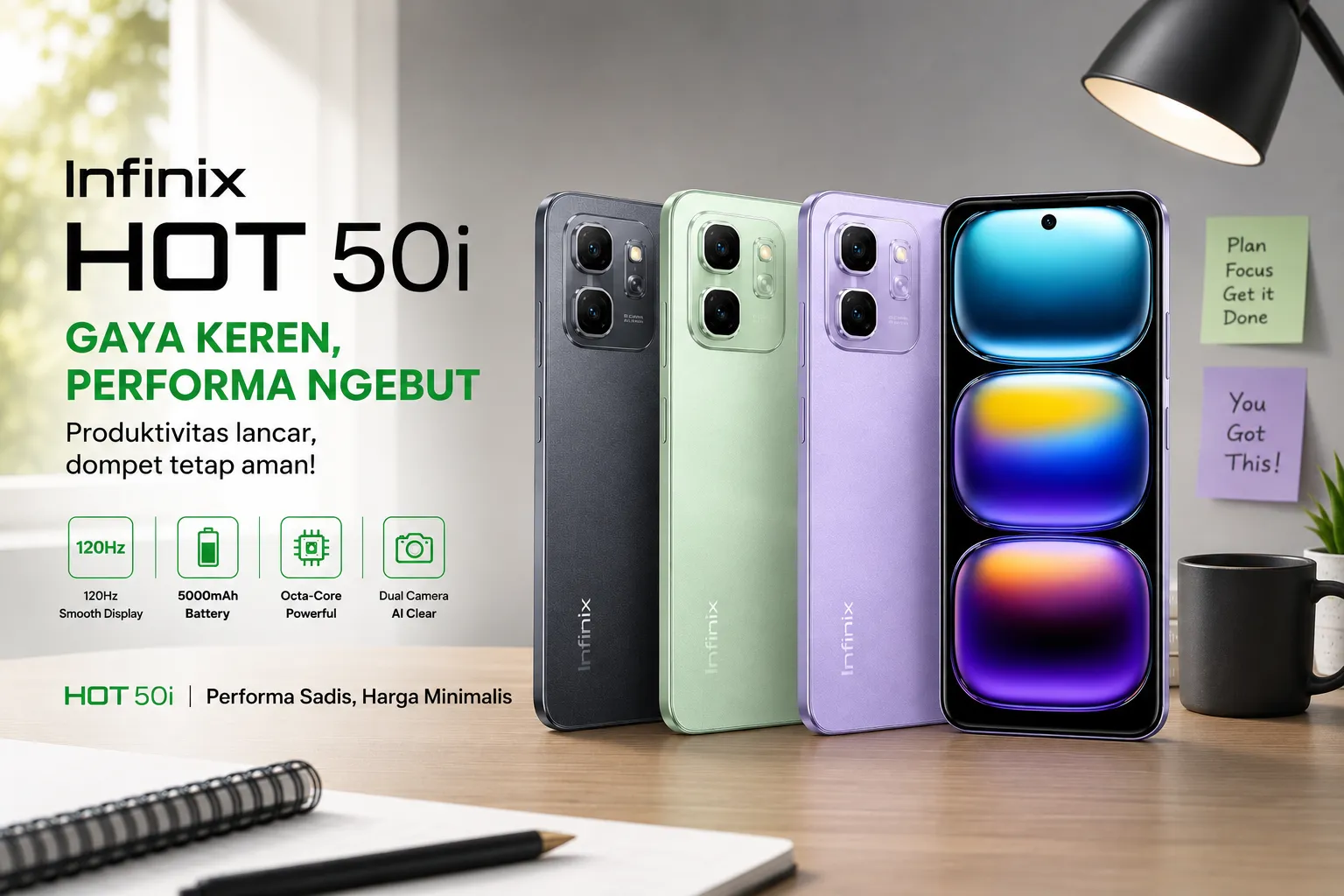 Infinix Hot 50i diletakkan di atas meja kerja kayu minimalis.